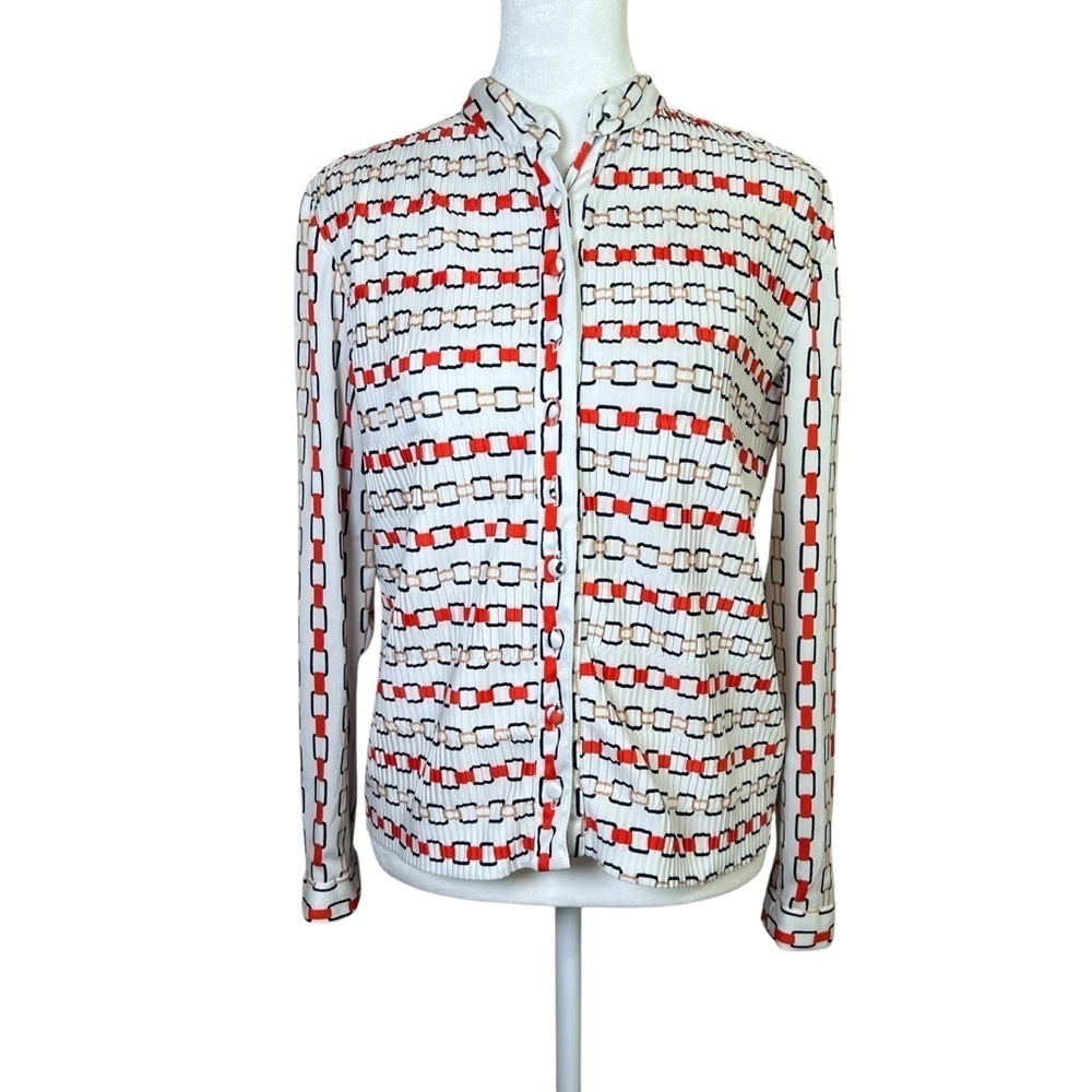 VTG 1970s Hal Ferman Button-Up Top Chain Geometric Crinkle Union Made Retro Sz S
